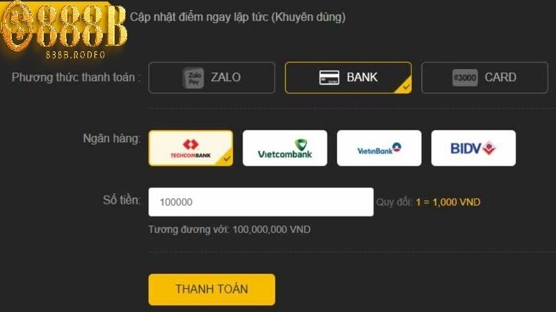 Hướng dẫn cách thức nạp tiền 888B chi tiết